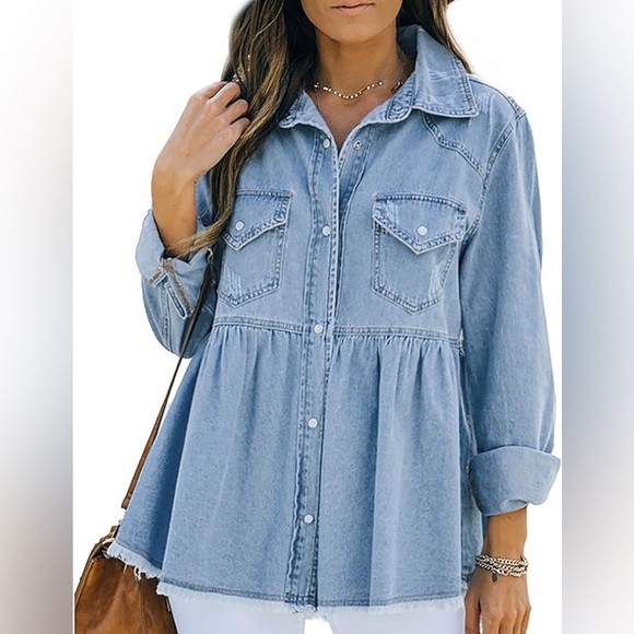 entro Tops - Entro Distressed Denim Jacket Sz Medium Pleated Raw Hem Loose Snap Flap Pockets